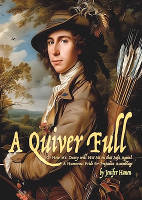 A Quiver Full book cover in the style of 18th Century English gentleman hunting portrait with a quiver of arrows.